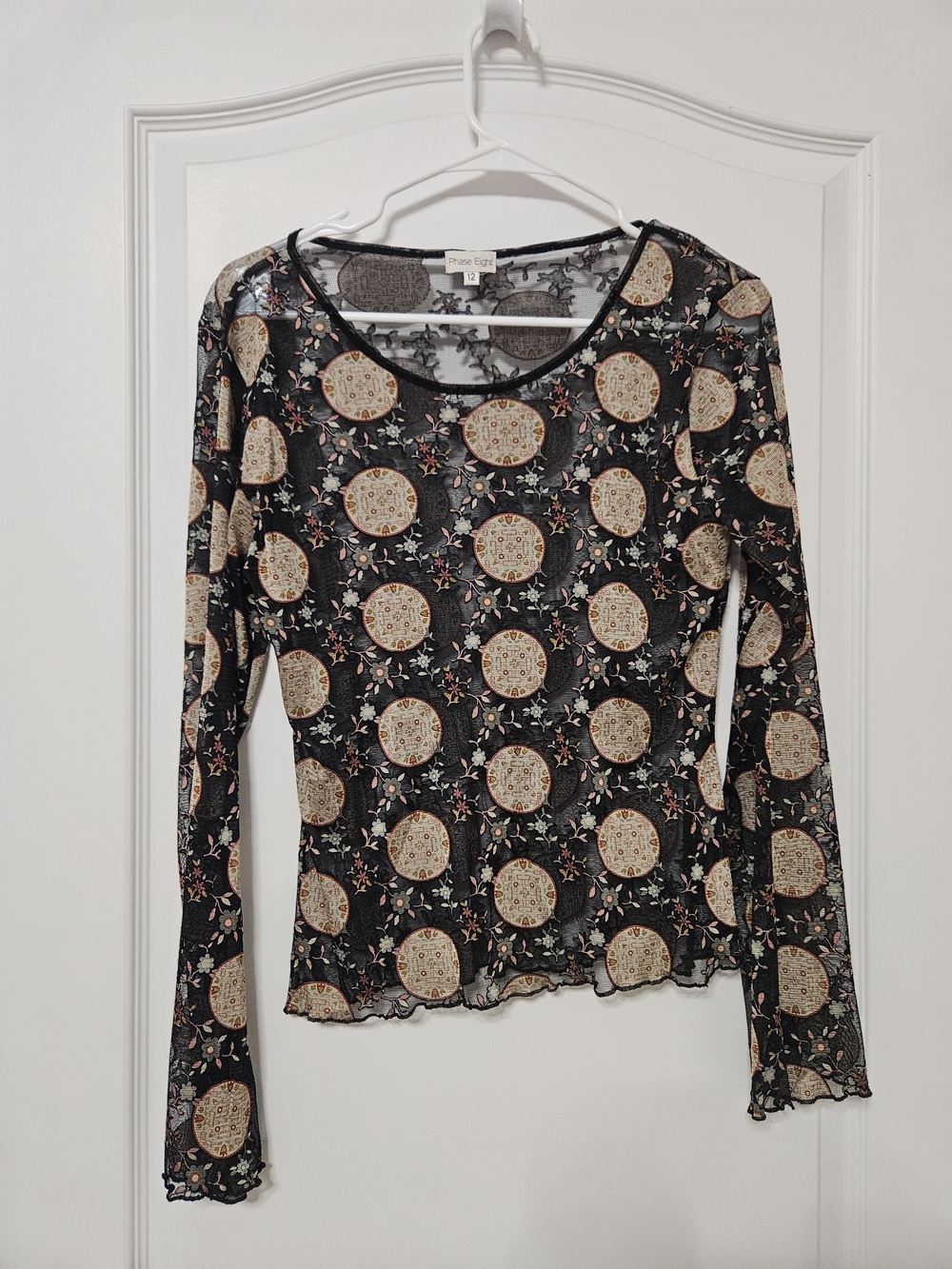 Sheer Black Medallion-Print Long Sleeve Tee by Free People